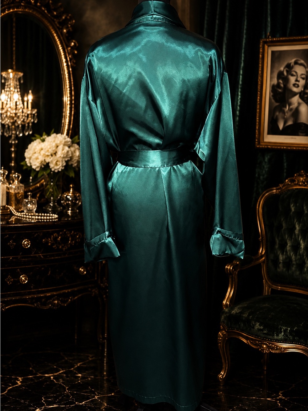 Victoria’s Secret Emerald Satin Maxi Robe M/L Old Hollywood Glamour Belted - Picture 2 of 6
